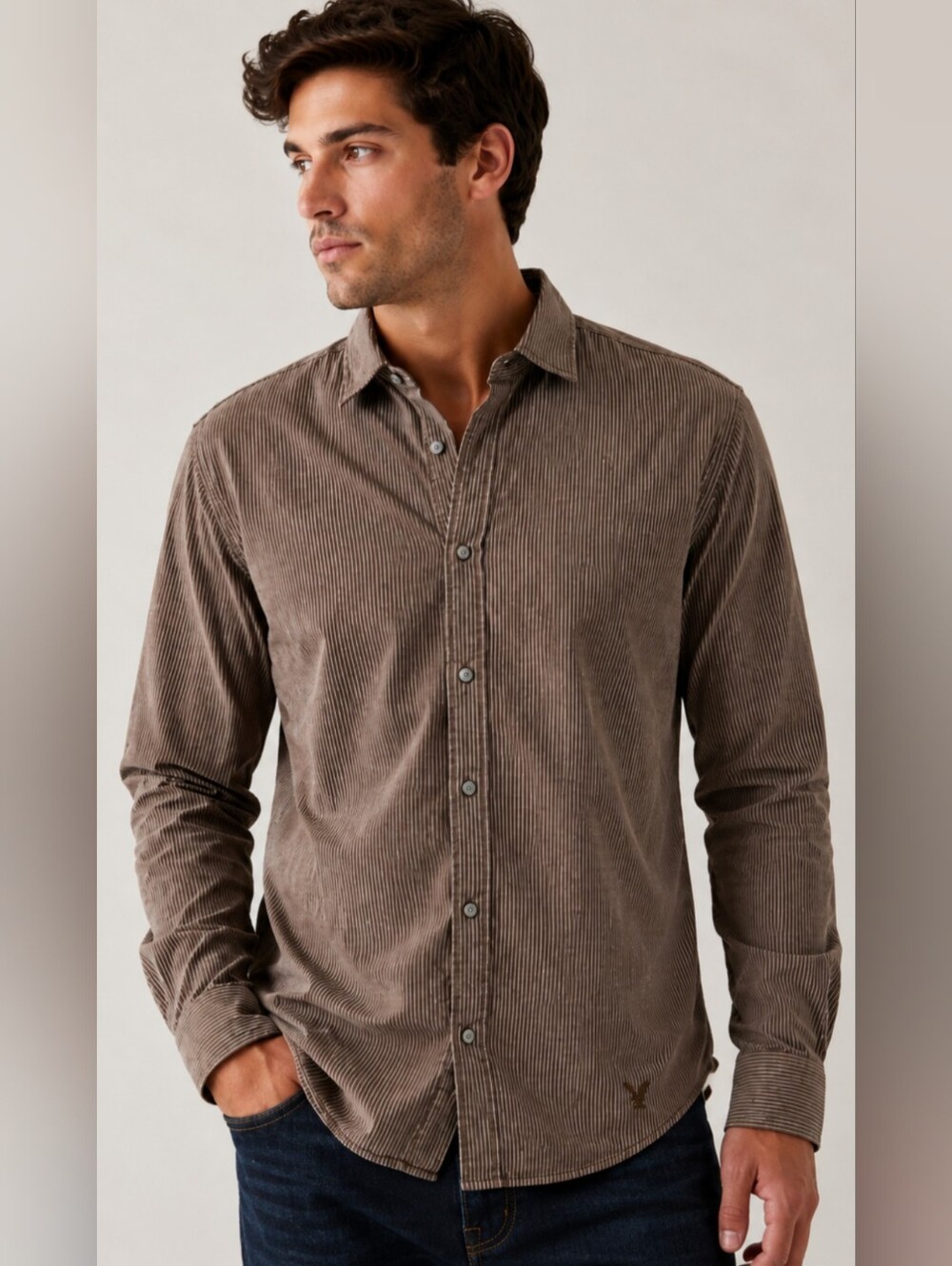 American Eagle Men’s XXL Slim Fit Brown Pinstripe Button-Up Shirt